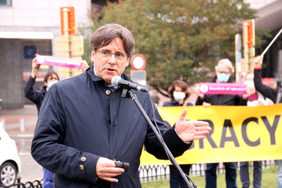 Former Catalan president Carles Puigdemont at an event in Brussels marking the third anniversary of the 2017 referendum (by Nazaret Romero)